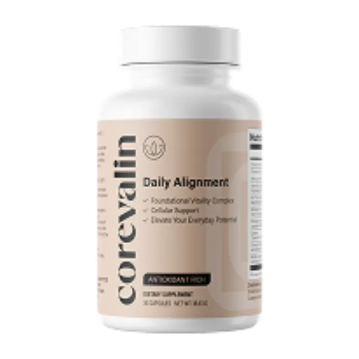 Bottle of Corevalin Daily Alignment vegan capsules