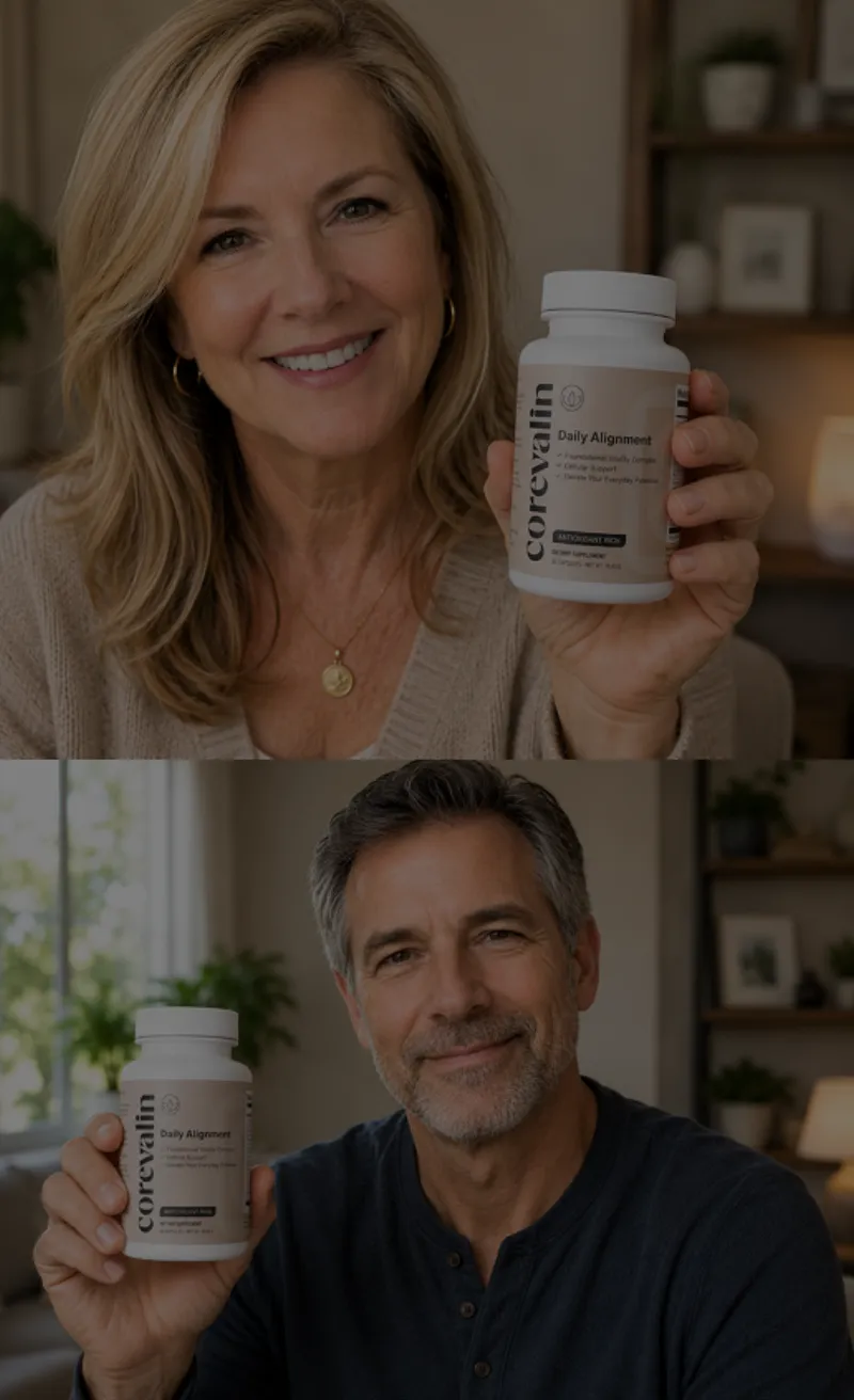 Man and woman over 40 holding bottles of Corevalin