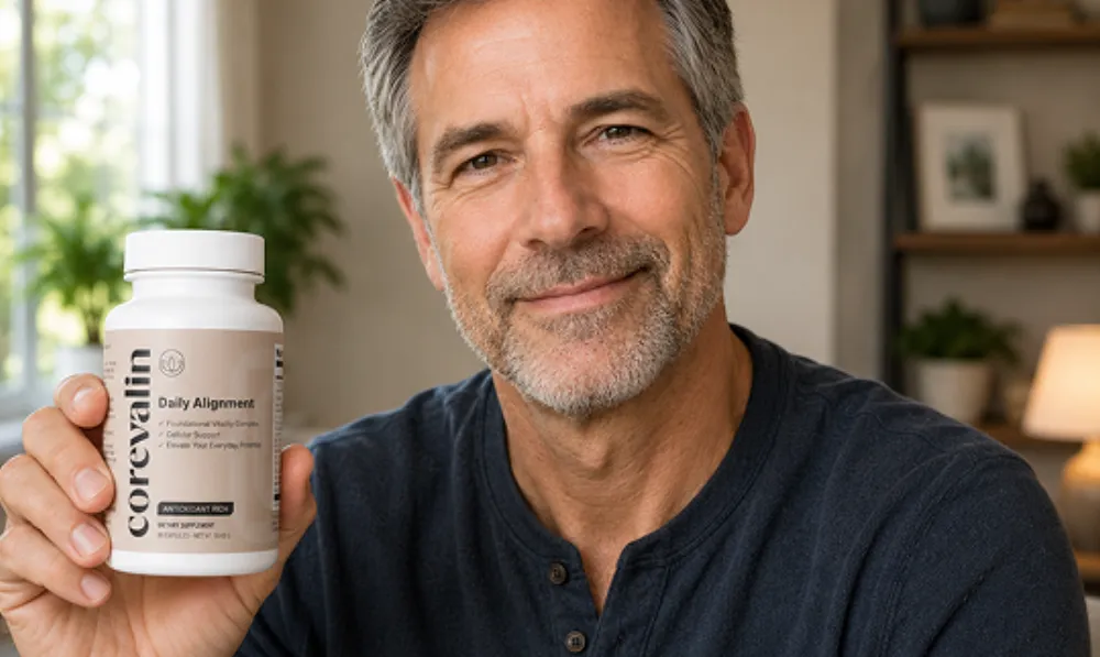 Smiling man holding a bottle of Corevalin