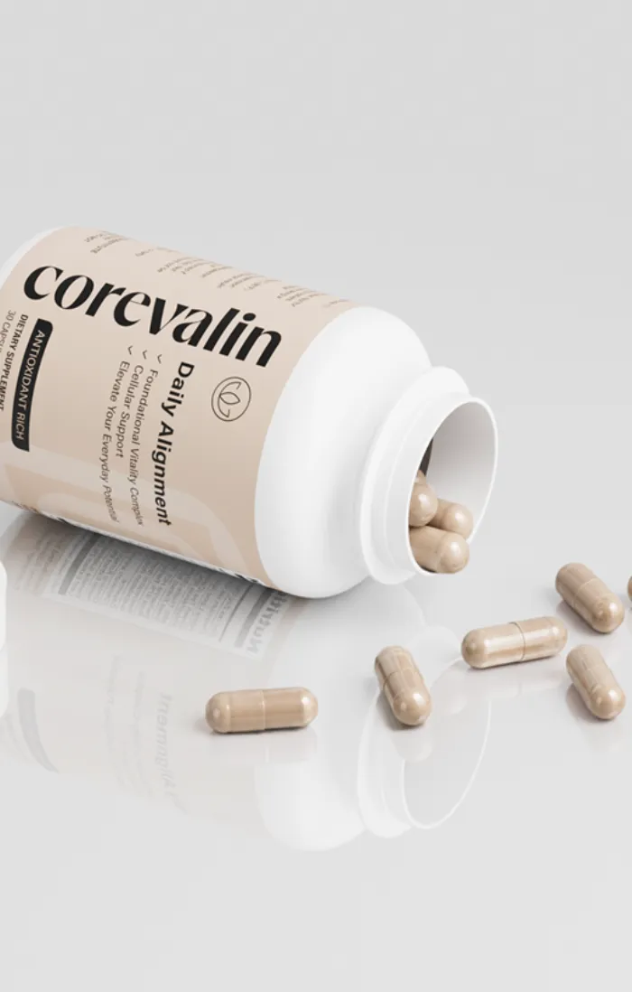 Open bottle of Corevalin with vegan capsules