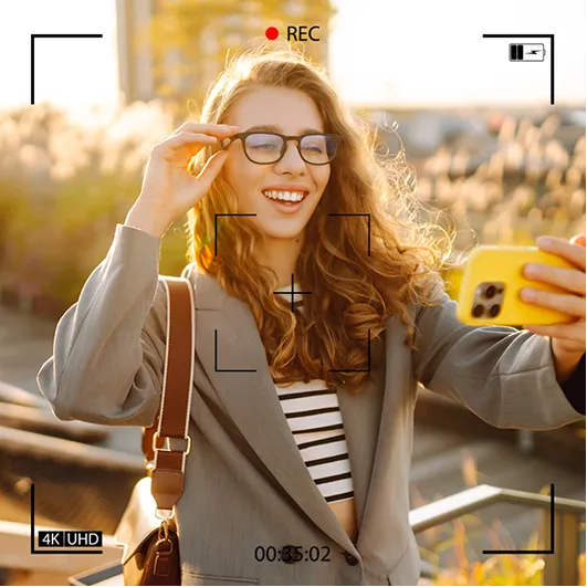 Woman capturing a hands-free photo with NeuroView smart glasses outdoors