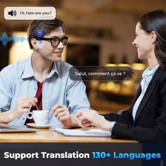 Man wearing NeuroView glasses having a translated conversation in a cafe