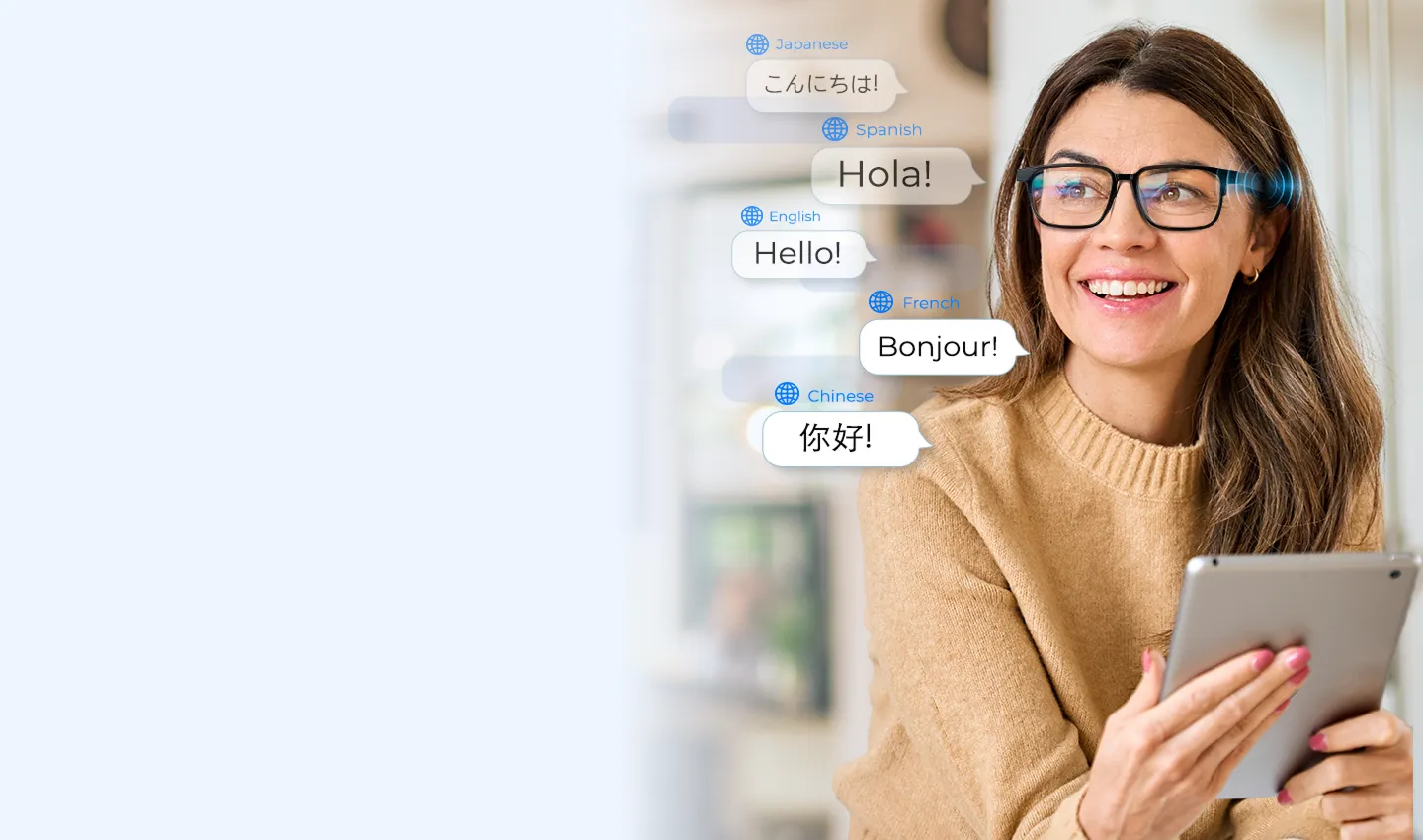 Smiling woman wearing NeuroView glasses with translation bubbles in several languages