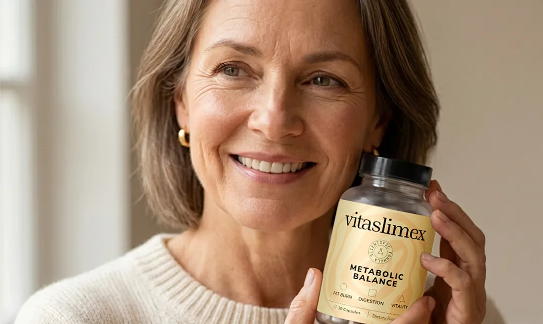 Femme souriante tenant un flacon de Vitaslimex